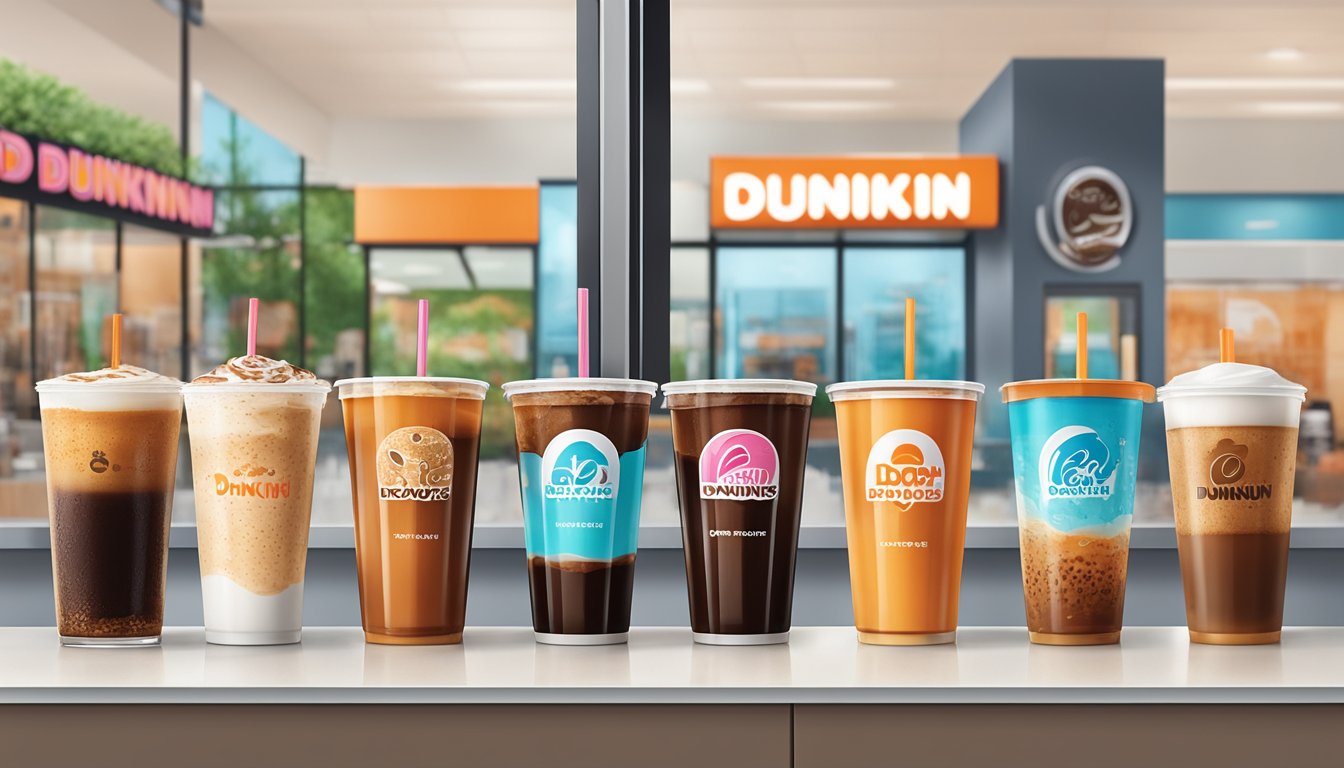 A variety of coffee and cold brew beverages displayed on a counter with fresh, healthy options at a Dunkin' Donuts store