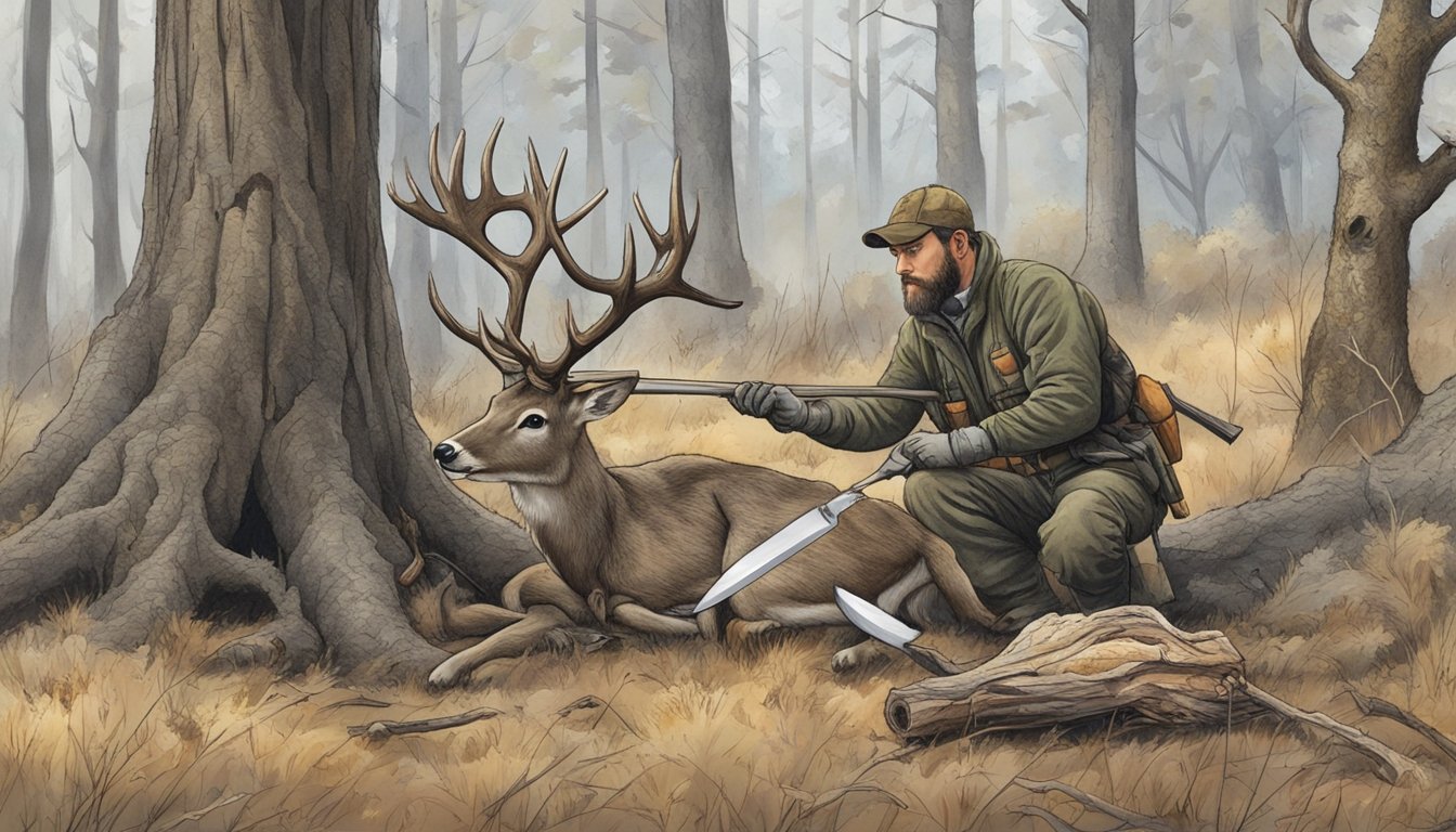 A hunter hangs a deer carcass from a tree, while another prepares to field dress it with a knife