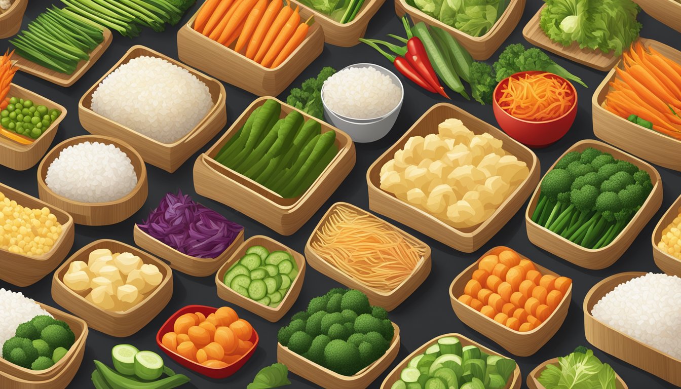 A colorful array of fresh vegetables and steamed rice arranged neatly in bamboo containers at a Panda Express restaurant