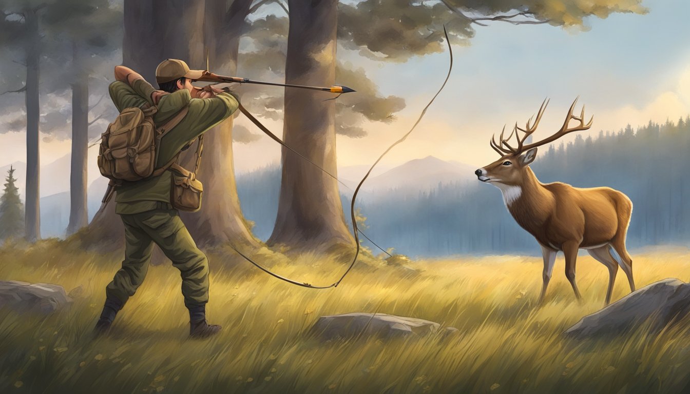 A young hunter silently approaches a grazing deer, carefully aiming before releasing the arrow