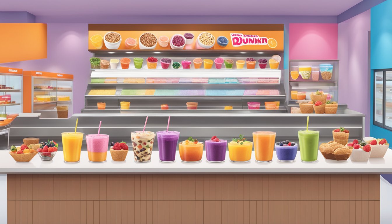 A colorful display of fresh fruit smoothies, yogurt parfaits, and whole grain muffins at a Dunkin' Donuts counter