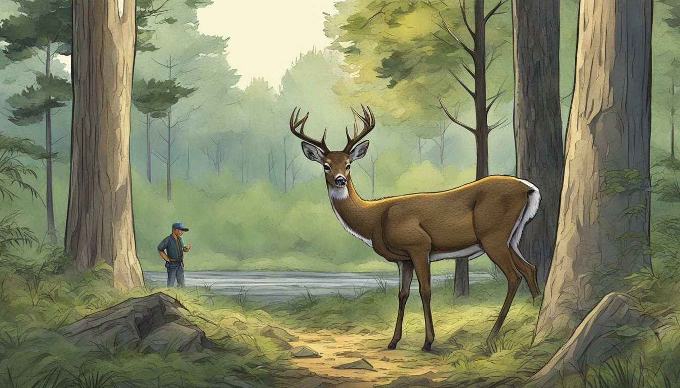 A young deer cautiously grazing in a forest clearing, while a hunter waits patiently in a tree stand nearby