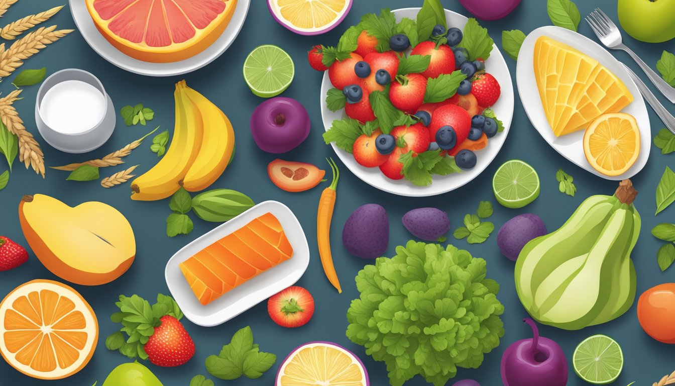 A colorful array of fresh fruits, vegetables, lean proteins, and whole grains arranged on a clean, modern table setting