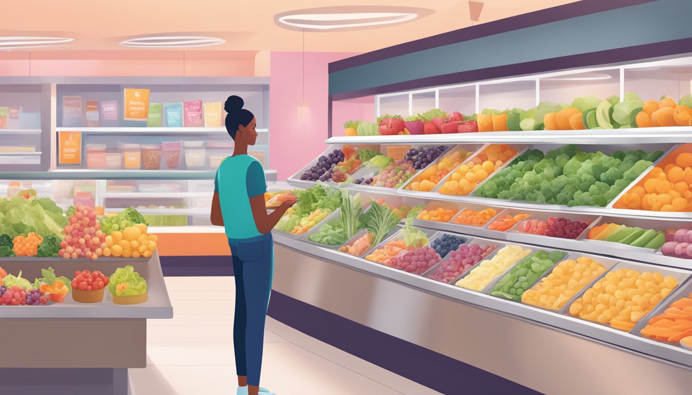 A person choosing from a variety of healthy food and drink options at Dunkin', including salads, fruit, and smoothies