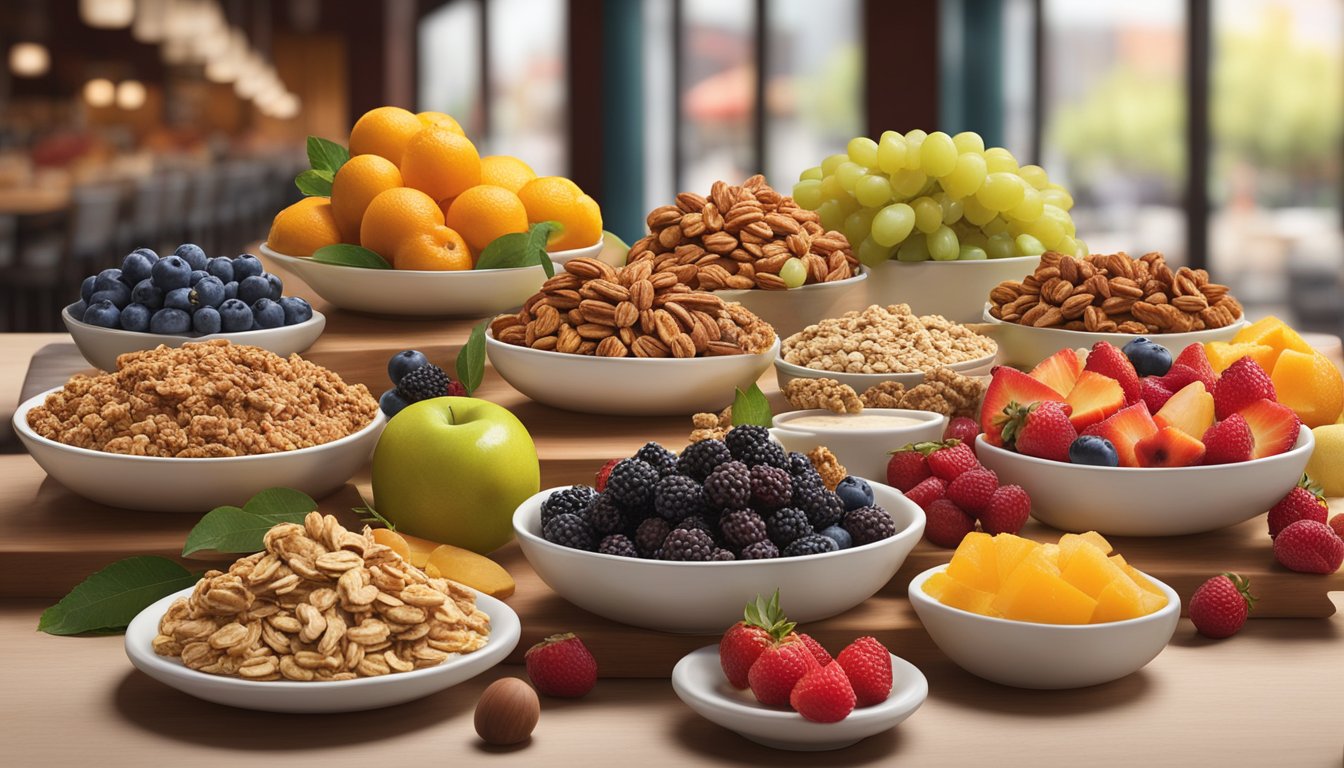 A colorful display of fresh fruits, nuts, and granola arranged next to decadent desserts at McAlister's Deli