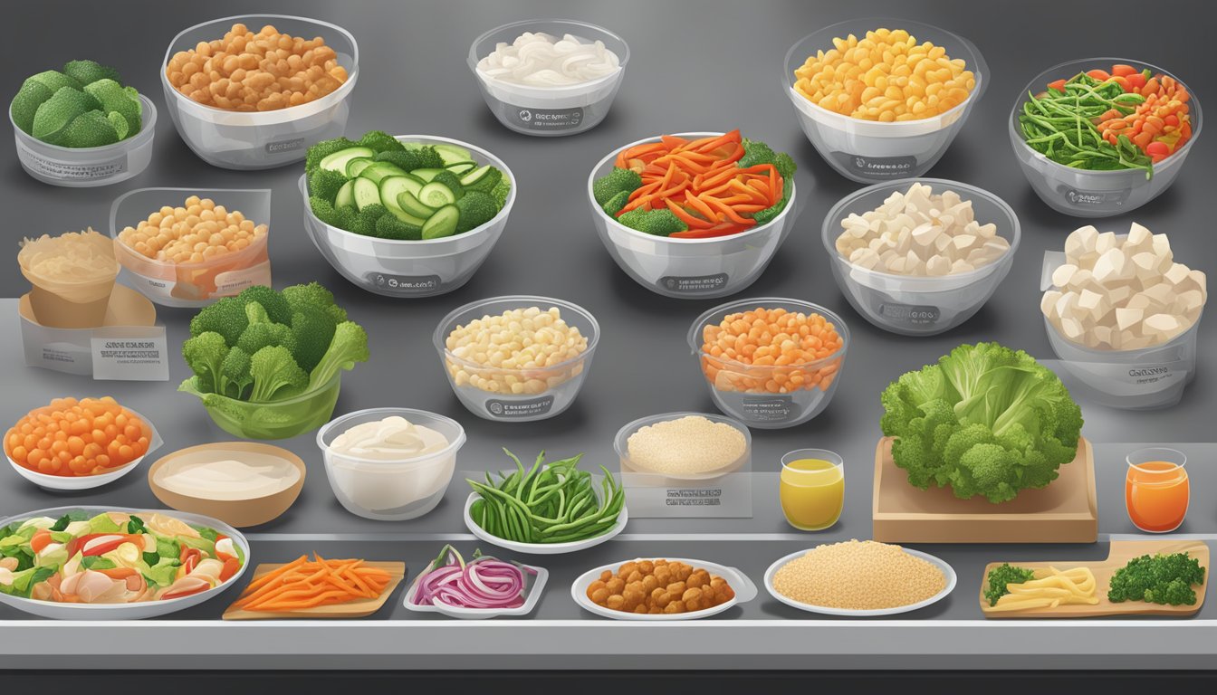 A colorful array of fresh vegetables and lean protein options displayed at a Panda Express counter, with clear labels for dietary considerations