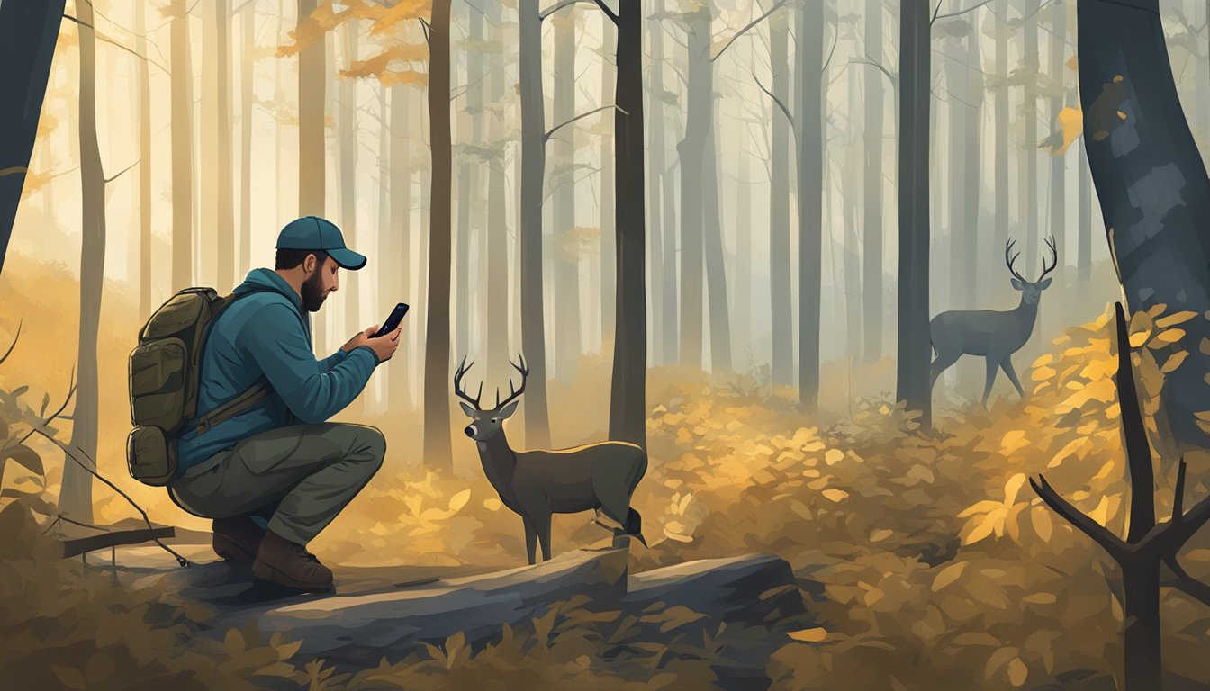 A hunter using a smartphone app to track deer movements in a wooded area