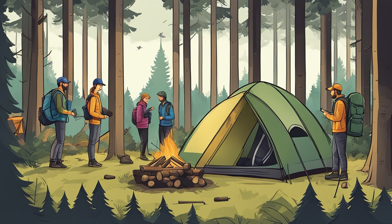 A group of young people setting up a campsite in a forest clearing, with tents, a bonfire, and gear for deer hunting