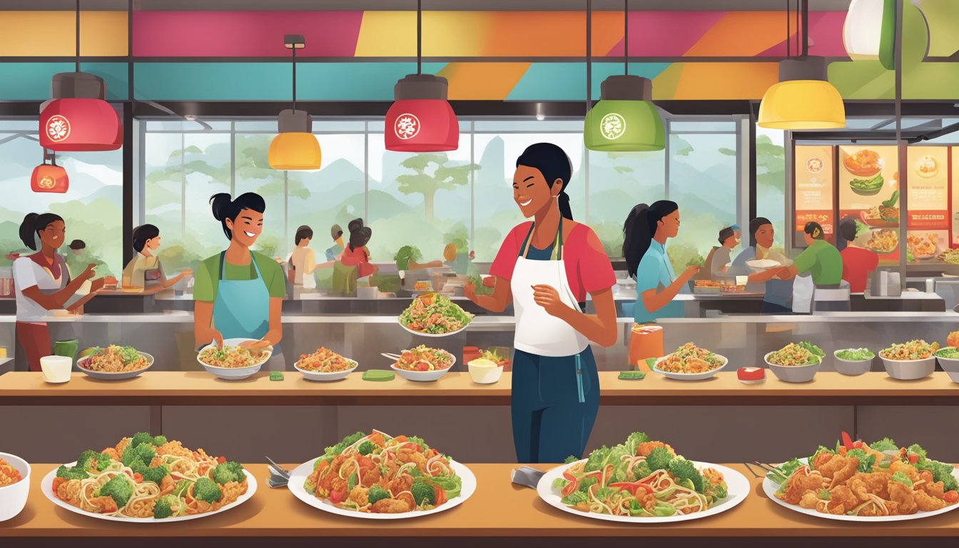 Customers enjoying fresh, colorful dishes at Panda Express, with a variety of healthy options on display