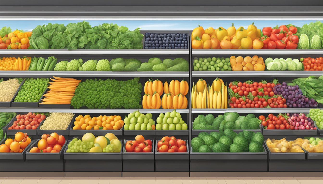 A colorful display of fresh fruits and vegetables arranged neatly in baskets at a 7 Eleven store, showcasing healthy options for customers