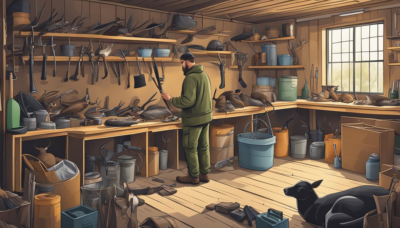 A hunter carefully cleans and stores his deer hunting decoys in a cluttered garage