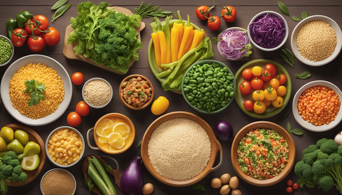 A colorful array of fresh vegetables, whole grains, and lean proteins arranged on a table at an Olive Garden restaurant, showcasing the healthy dining options available in 2022