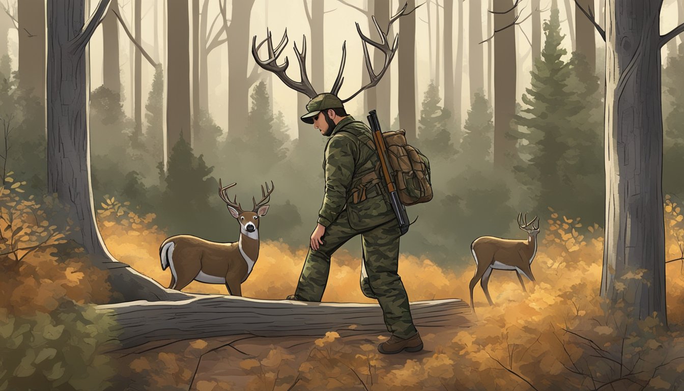 A hunter sets up a deer decoy in a wooded area, carefully positioning it to blend in with the surroundings. The hunter is dressed in camouflage and keeps a safe distance while waiting for prey