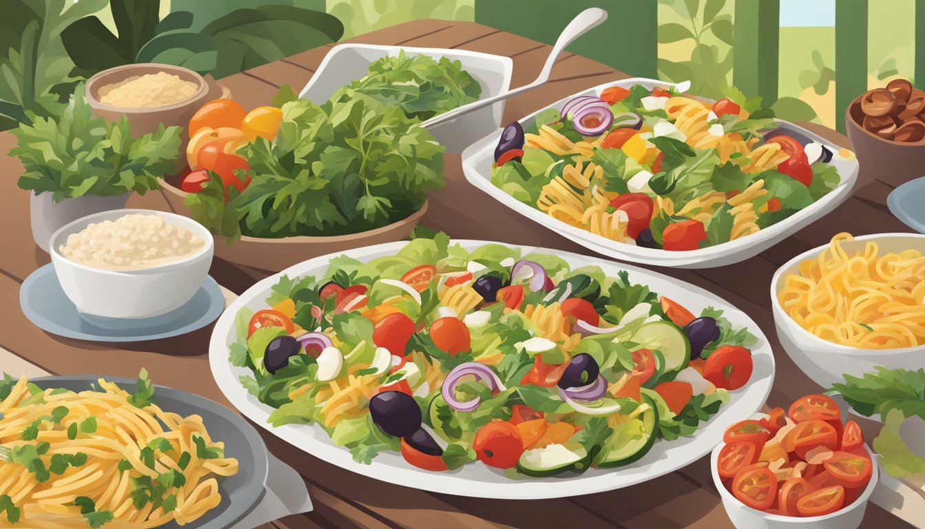 A colorful spread of fresh salads, grilled vegetables, and whole grain pastas at a modern Olive Garden restaurant