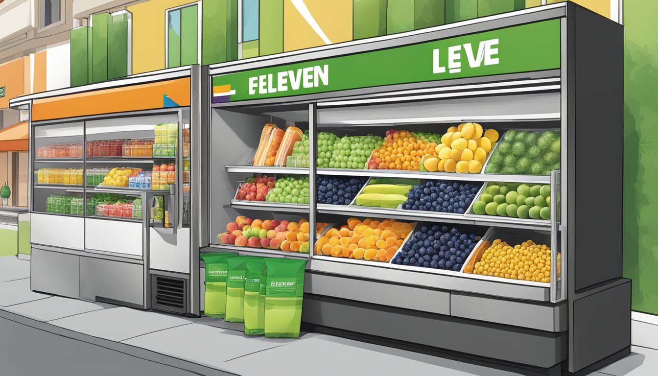 A colorful display of fresh fruit, bottled water, and low-sugar beverages at a 7 Eleven store