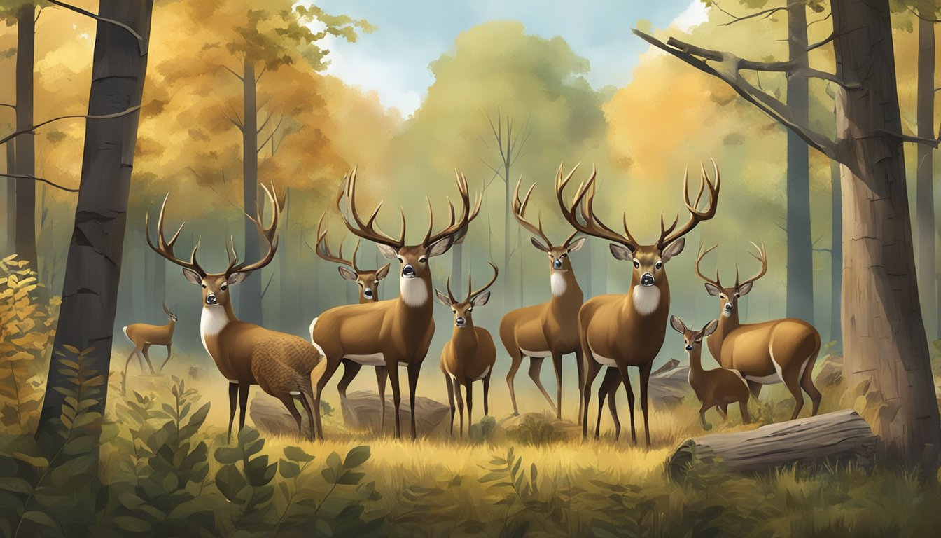 A group of deer hunting decoys surrounded by various innovative accessories, set against a natural woodland backdrop