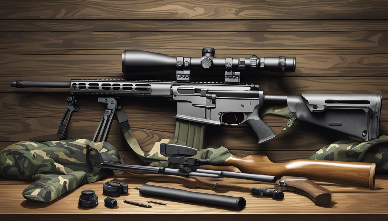 A hunter's camouflage gear and rifle laid out on a wooden table, with a deer trophy mounted on the wall in the background