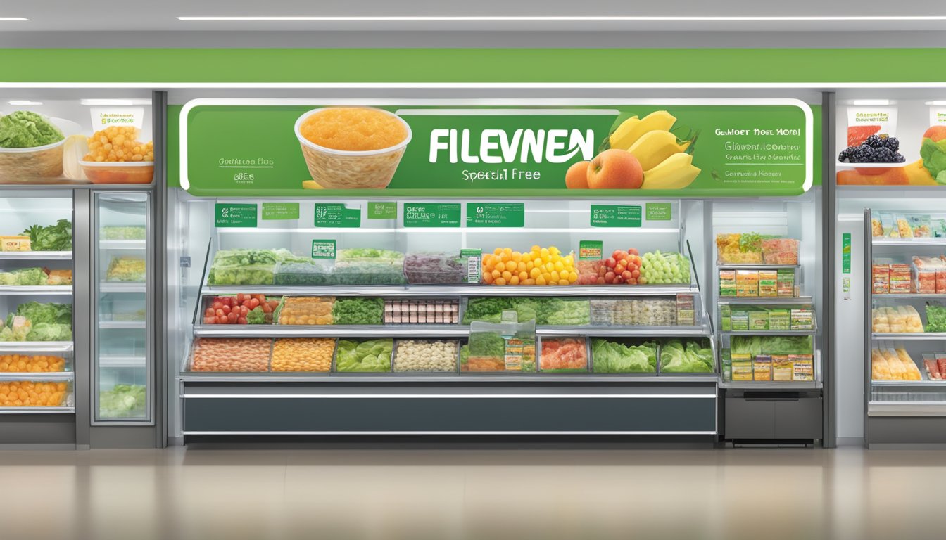 A display of fresh fruits, salads, and pre-packaged meals at a 7 Eleven store, with clear labels indicating gluten-free, dairy-free, and other special dietary options