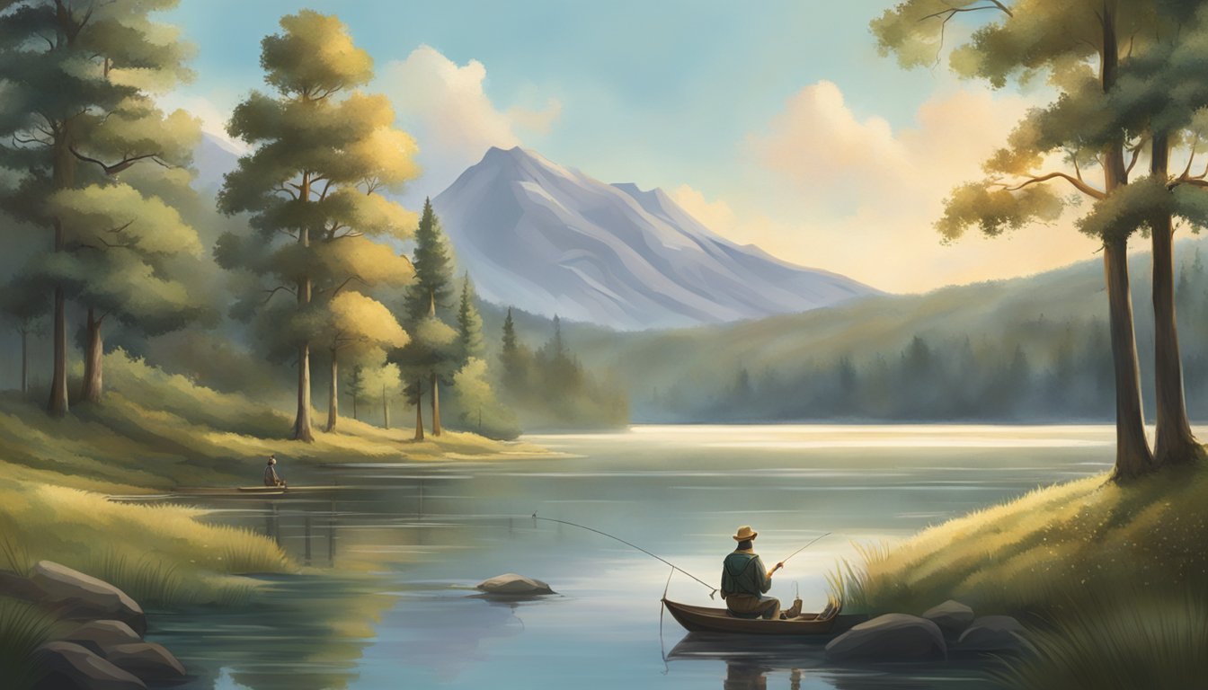 A serene lakeside with a fisherman casting a line, surrounded by a forest and a distant view of deer grazing