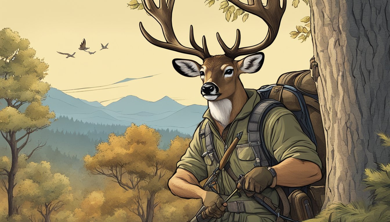 A deer hunter hiding behind a tree, holding a bow and arrow, while a comical deer with sunglasses and a hat sneaks up behind him