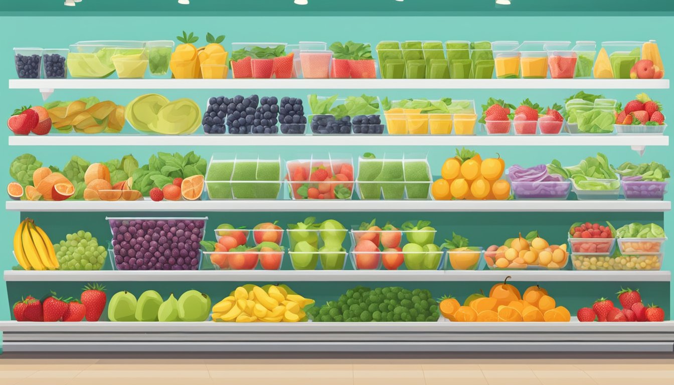 A variety of fresh fruits, salads, wraps, and smoothies displayed on a vibrant, organized shelf in a convenience store