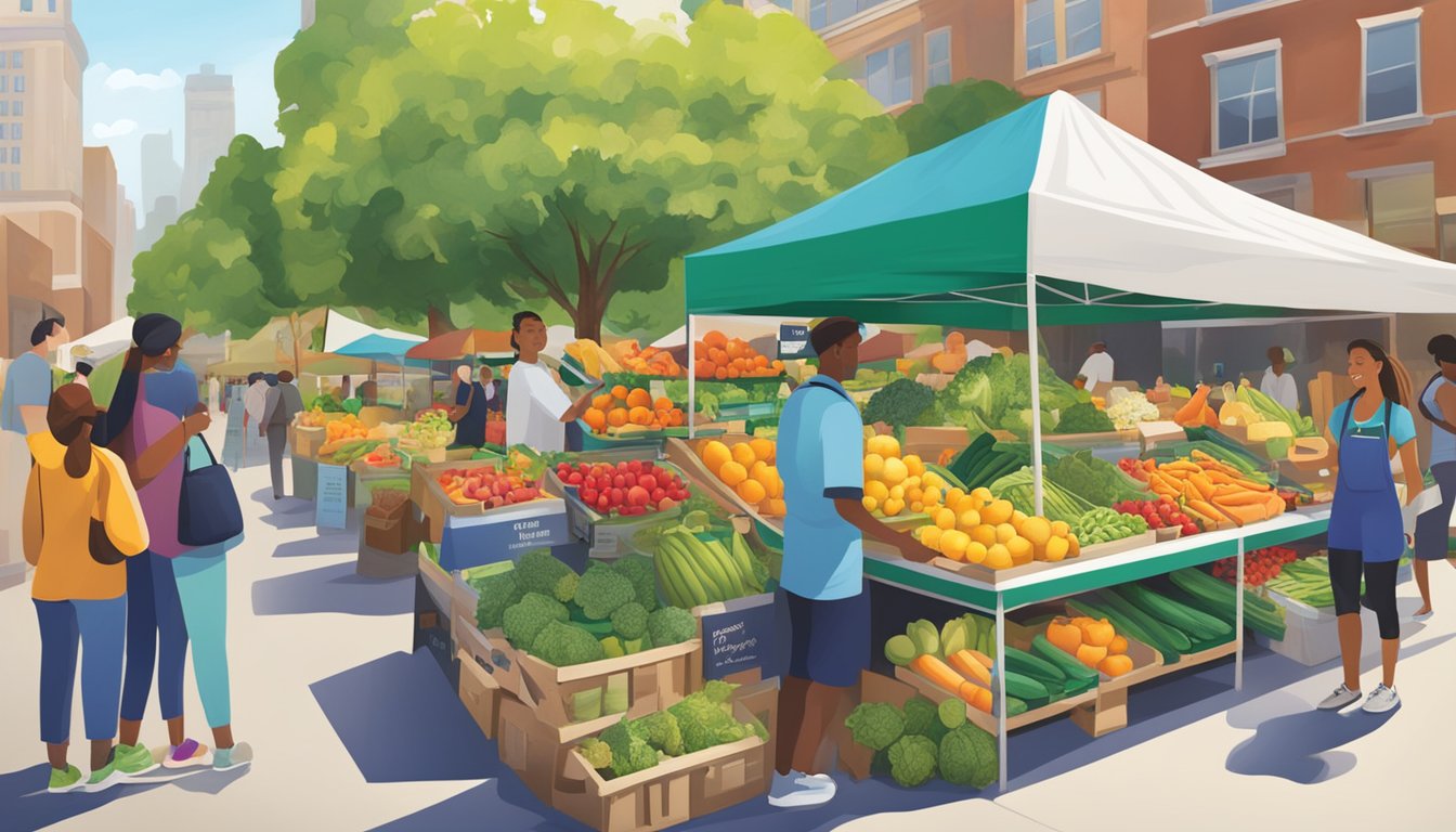 A vibrant display of fresh fruits and vegetables at a farmer's market, with signage for Highmark and Humana Health Plans promoting healthy Medicaid options