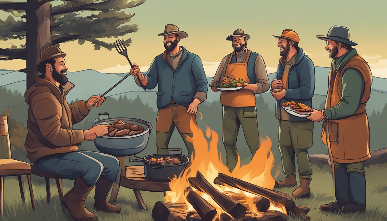 A hunter grilling venison over an open fire while sharing jokes with friends