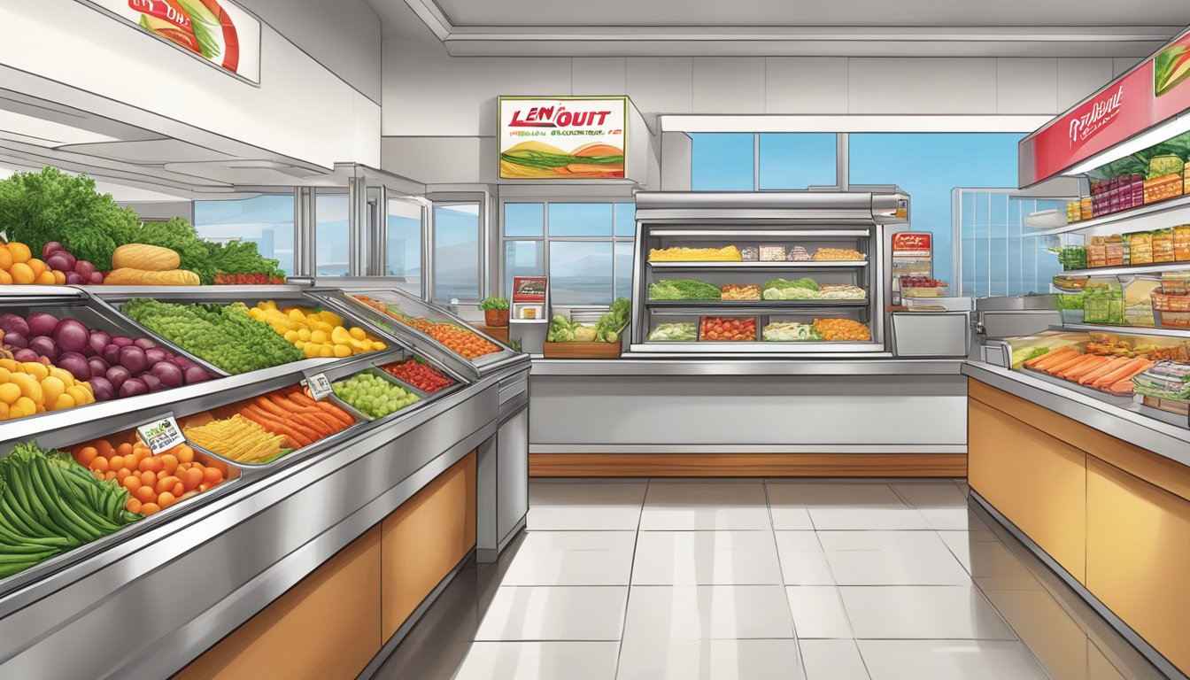 A colorful display of fresh produce and lean protein options at an In-N-Out restaurant