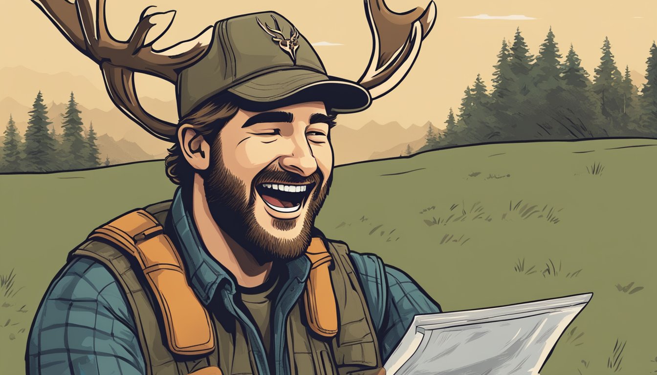 A deer hunter laughing at hunting memes while reminiscing about past hunts