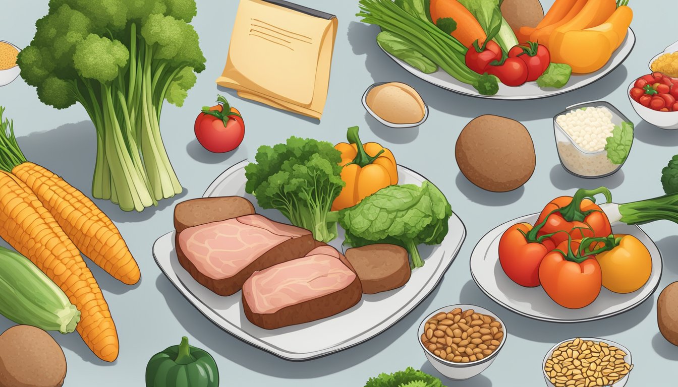 A colorful array of fresh vegetables, lean meats, and whole grains displayed next to a nutrition label and diet guidelines