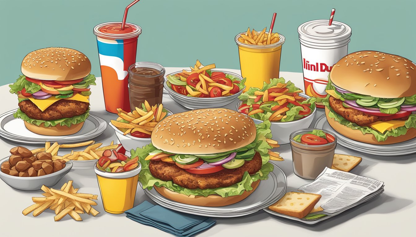 A table with a spread of fast-food items, including a colorful salad and a grilled chicken sandwich from In-N-Out, surrounded by items from other chains