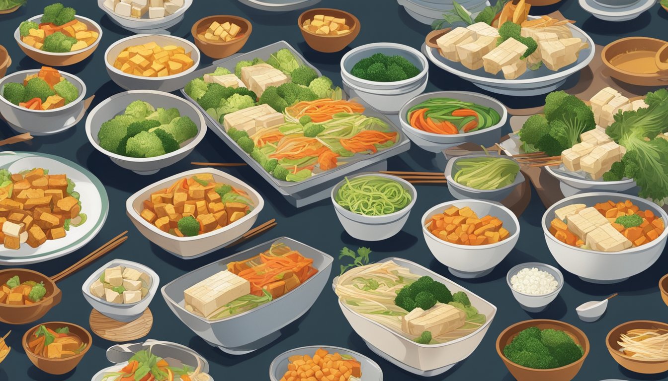 A table filled with colorful dishes of tofu, steamed fish, and stir-fried vegetables at a bustling Chinese restaurant