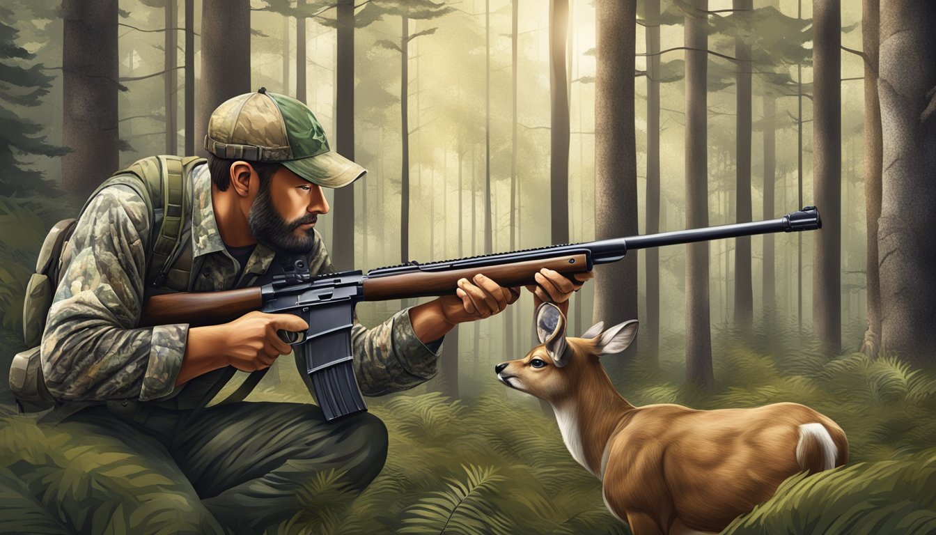 A deer hunter wearing a camouflaged shirt, holding a rifle, and scanning the forest for prey