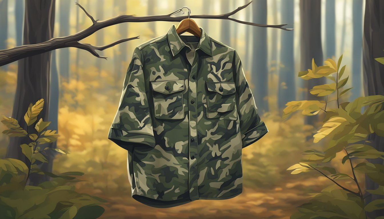 A camouflage deer hunting shirt hanging on a tree branch in a forest clearing