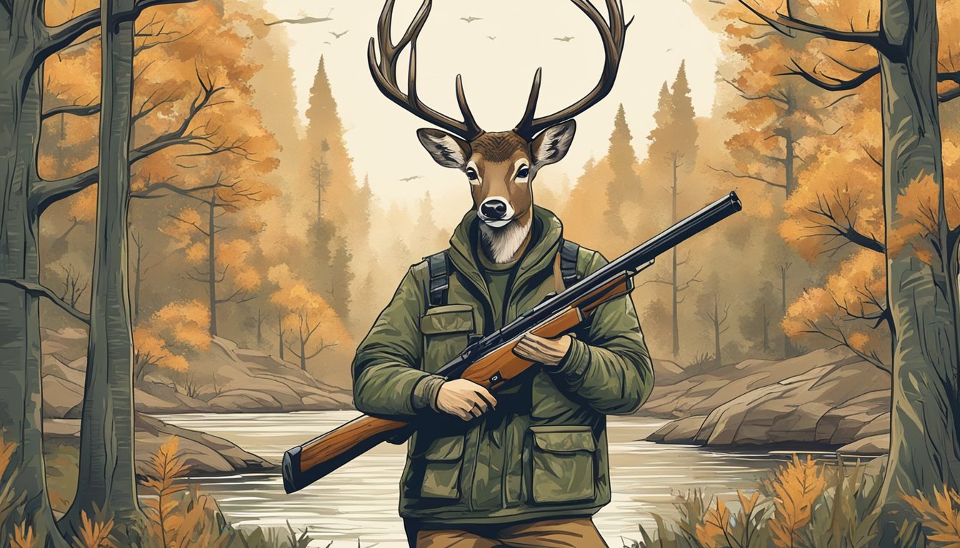 A hunter in camouflage aiming a rifle at a majestic deer in a forest clearing. The design on the shirt features nature-inspired elements and earthy tones