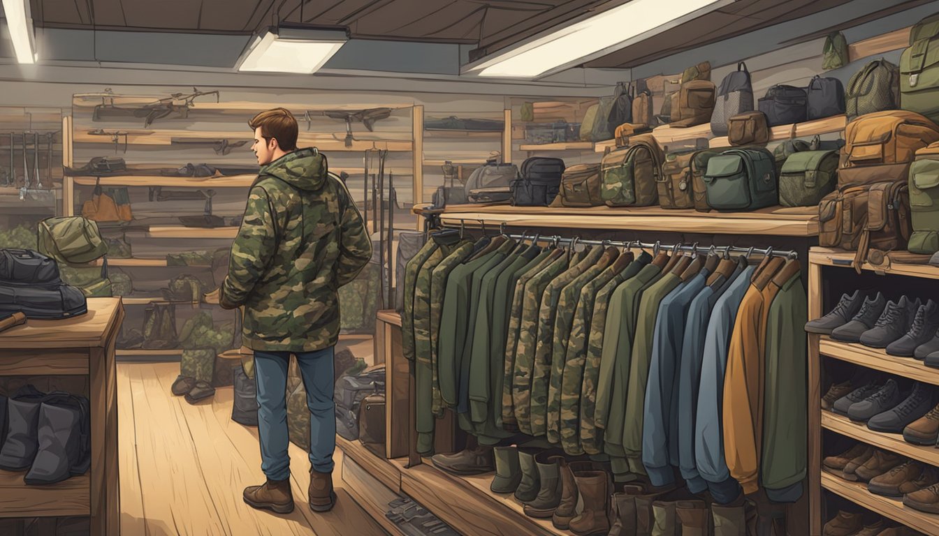 A hunter wearing a camouflage deer hunting shirt examines a rack of hunting gear in a crowded outdoor store