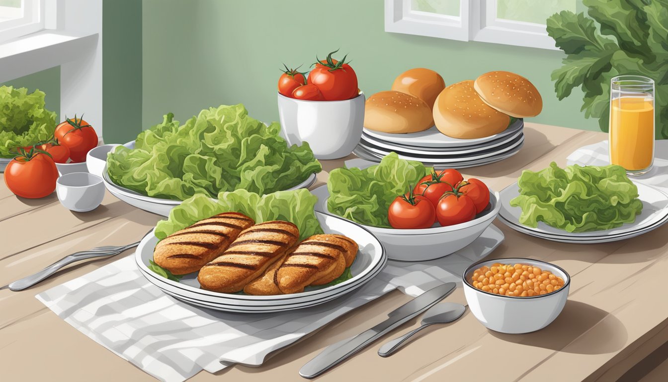 A colorful spread of fresh lettuce, juicy tomatoes, grilled chicken, and whole grain buns on a clean, modern table setting