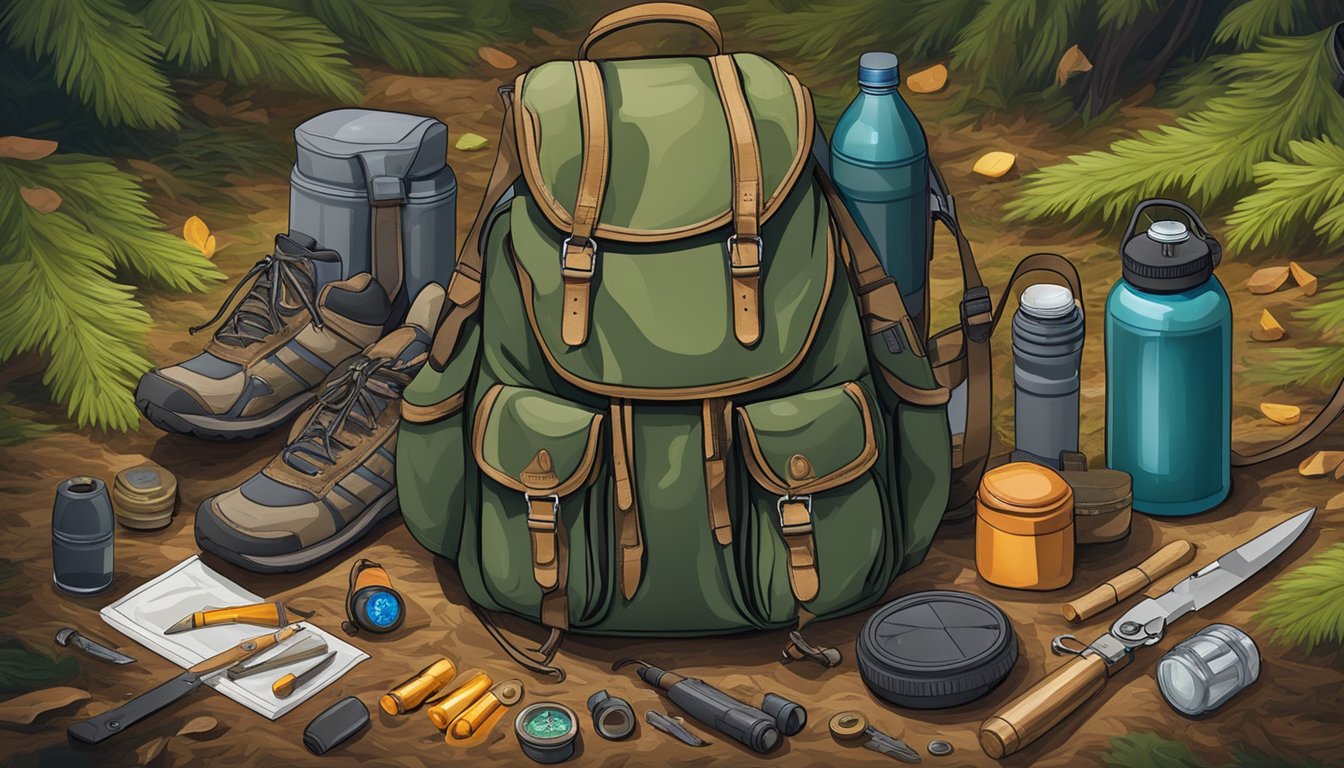 A hunting backpack filled with gear, including a knife, compass, water bottle, and ammunition, laid out on the forest floor