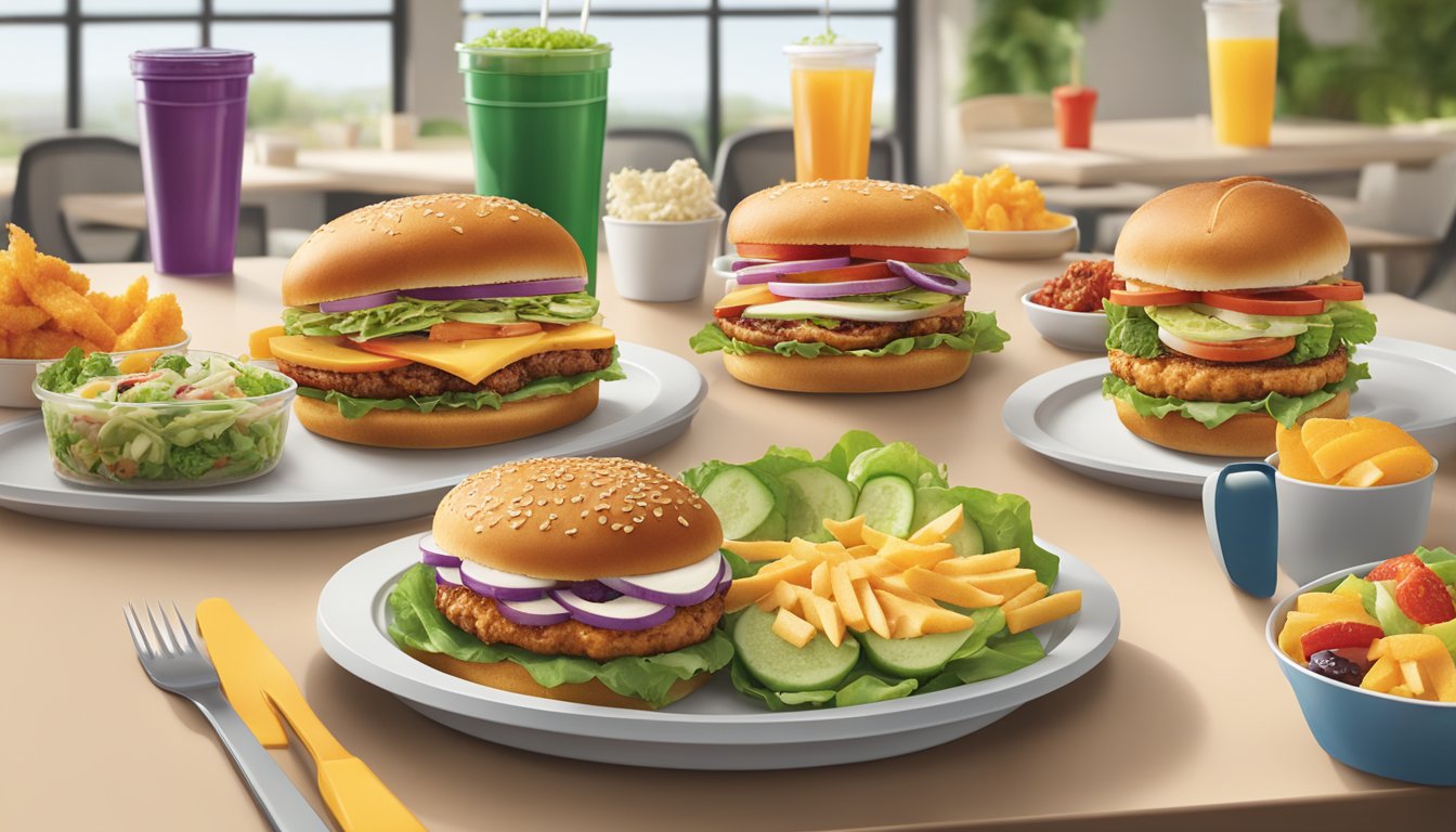 A table with a variety of healthy options from Burger King's Smart Side Picks menu, including salads, grilled chicken sandwiches, and fruit cups