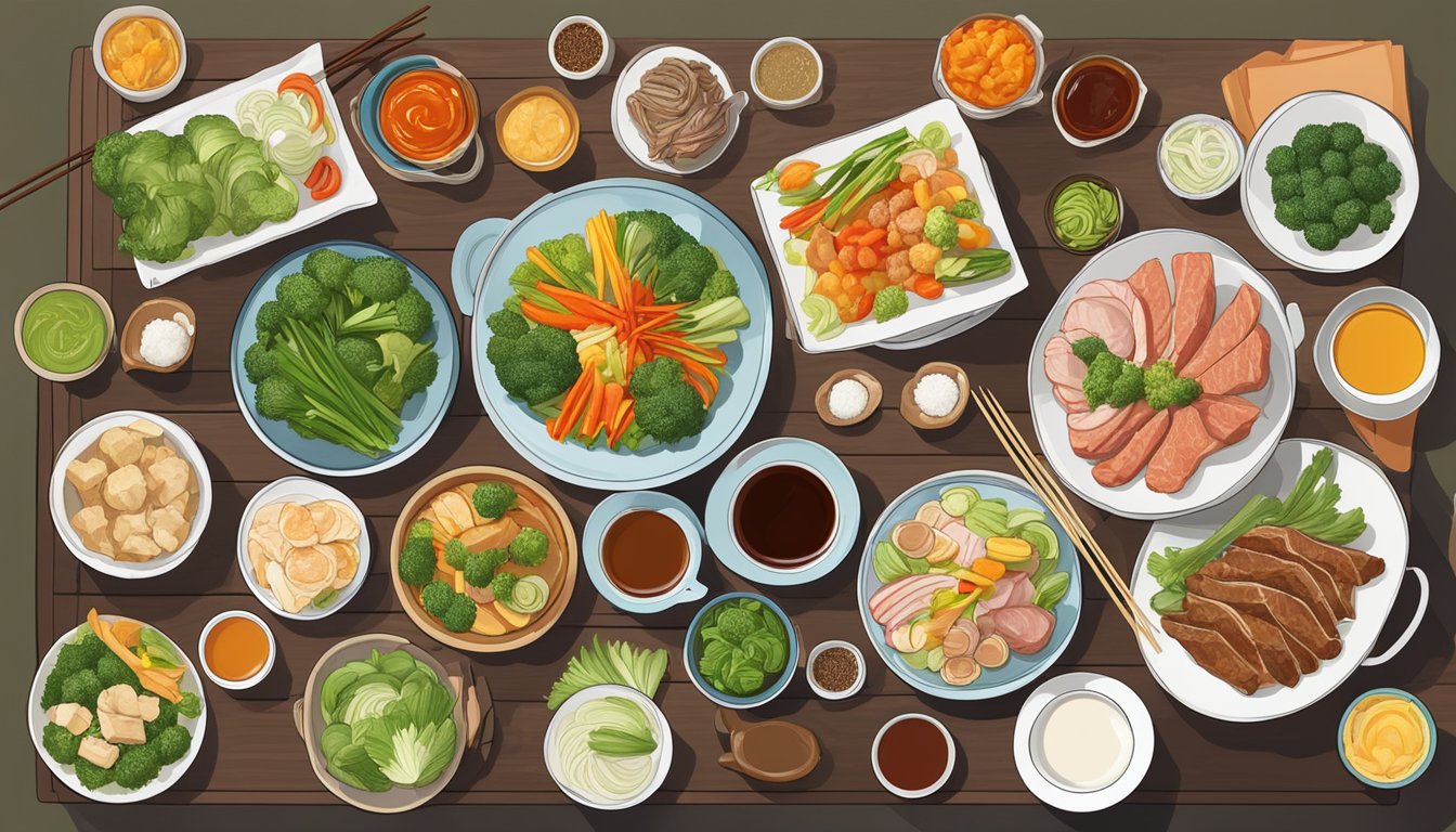 A colorful array of steamed vegetables, lean meats, and fragrant sauces, arranged on a table with chopsticks and tea