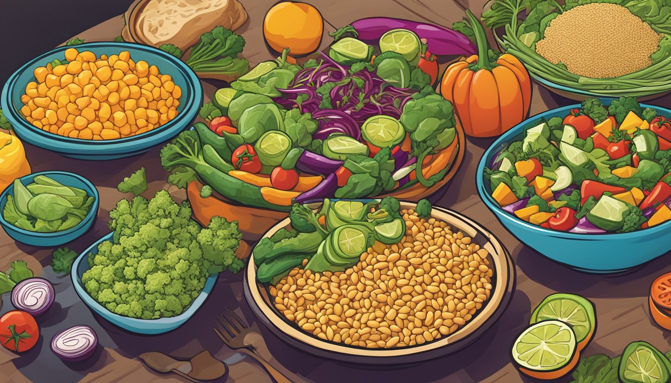 A colorful array of fresh vegetables, lean proteins, and whole grains displayed on a vibrant table at Tijuana Flats