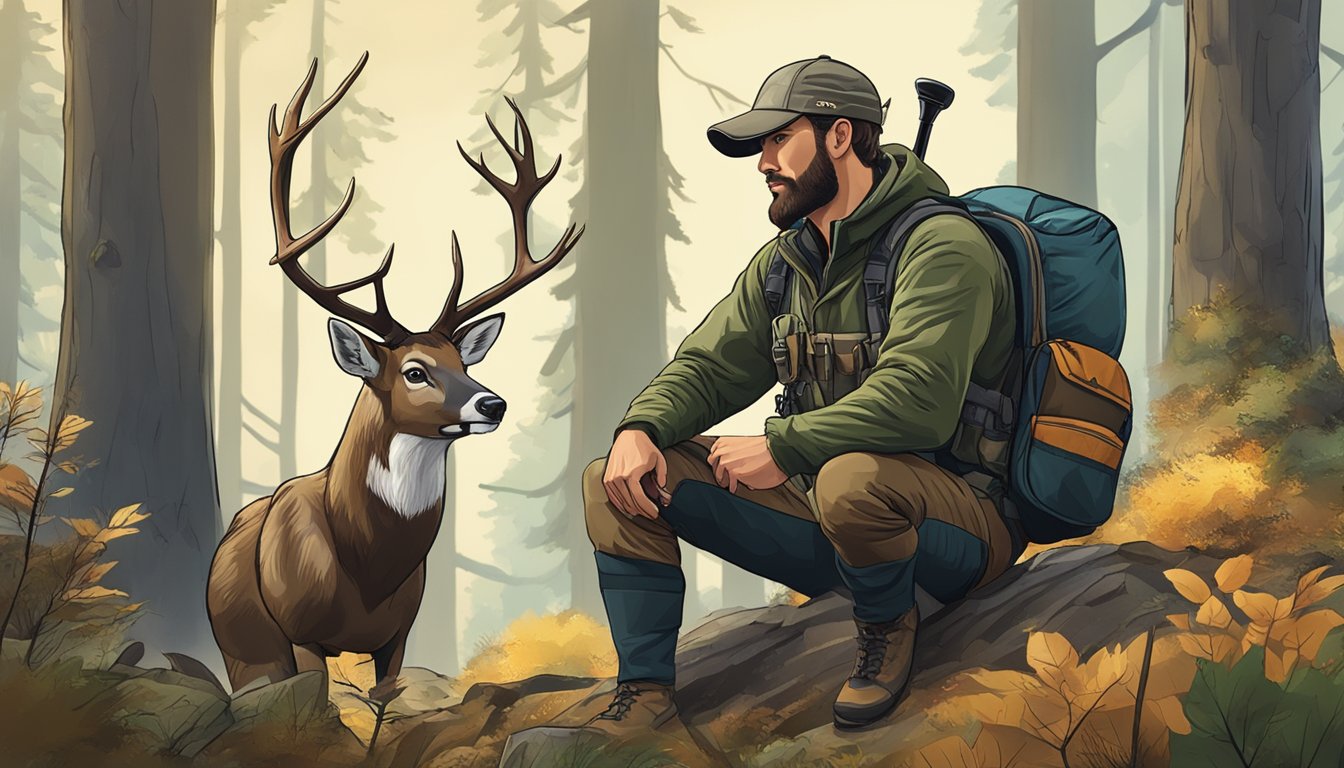 A hunter kneeling in a forest, wearing an innovative deer hunting backpack, surrounded by trees and wildlife