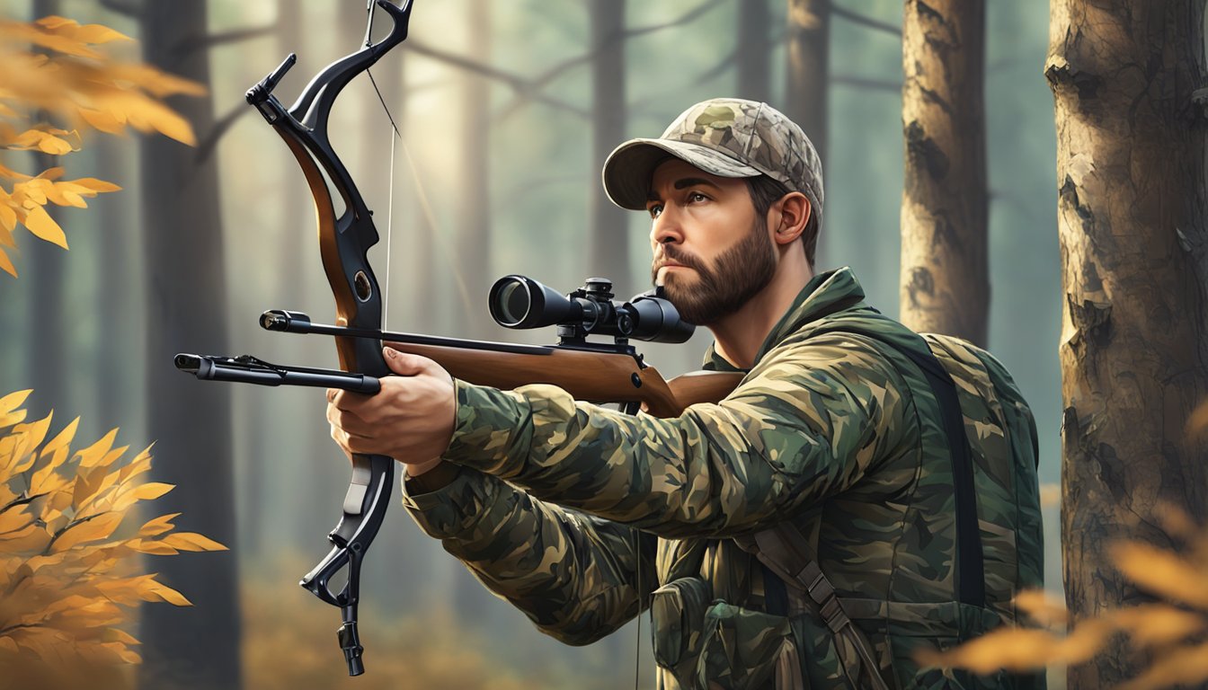 A hunter wearing a camouflage deer hunting shirt, blending into the forest while aiming a bow at a deer