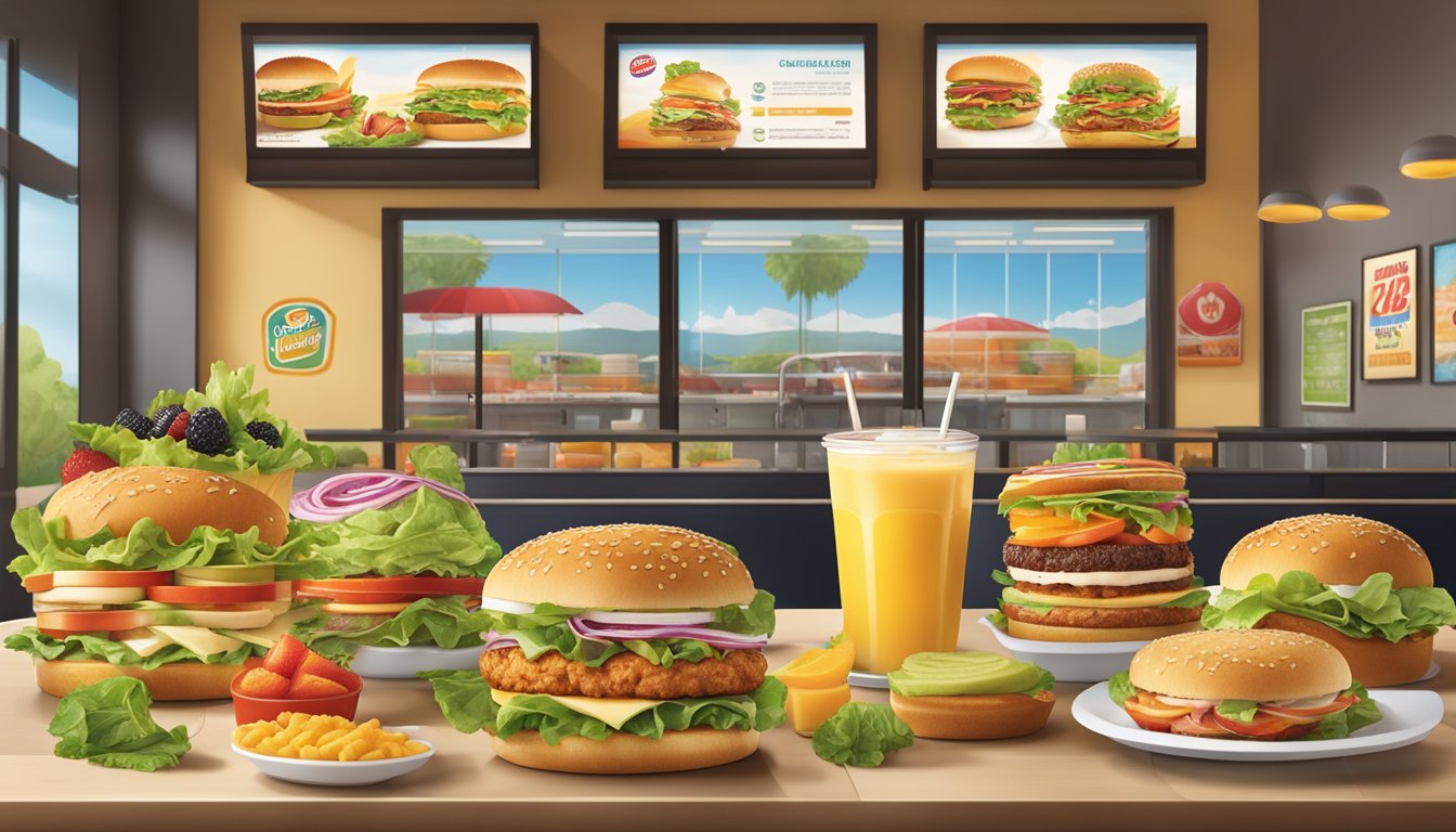 A colorful display of fresh salads, grilled chicken sandwiches, and fruit smoothies at a Burger King restaurant, surrounded by images of indulgent desserts