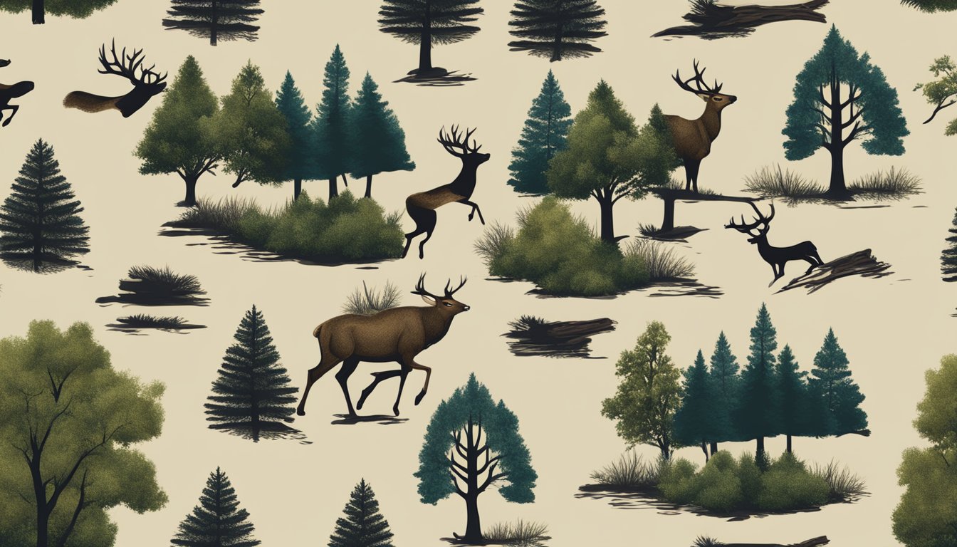 A hunter's shirt with a deer silhouette, hunting rifle, and forest background