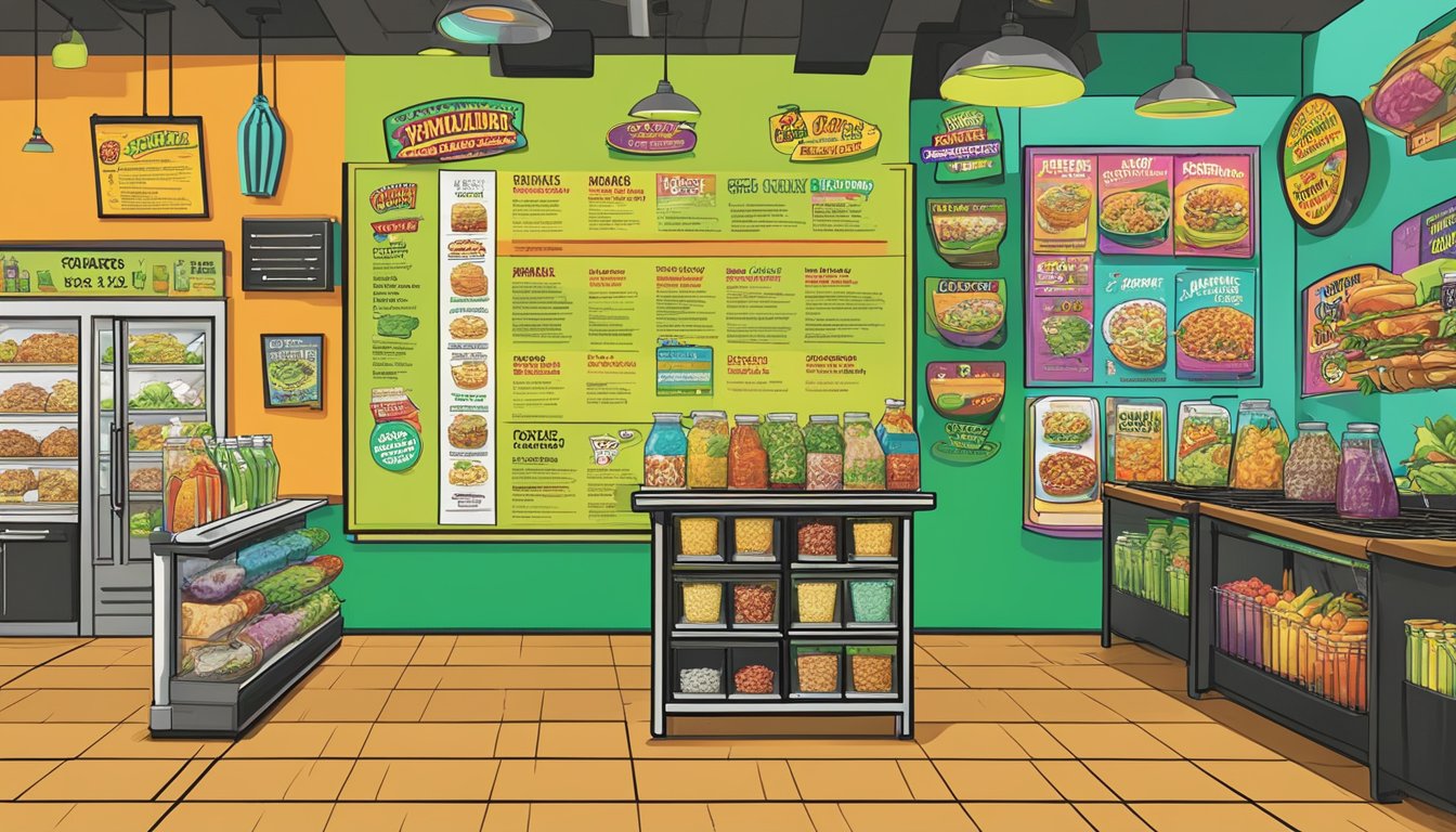 A colorful menu board displays Tijuana Flats' healthy options, with interactive ordering tools nearby