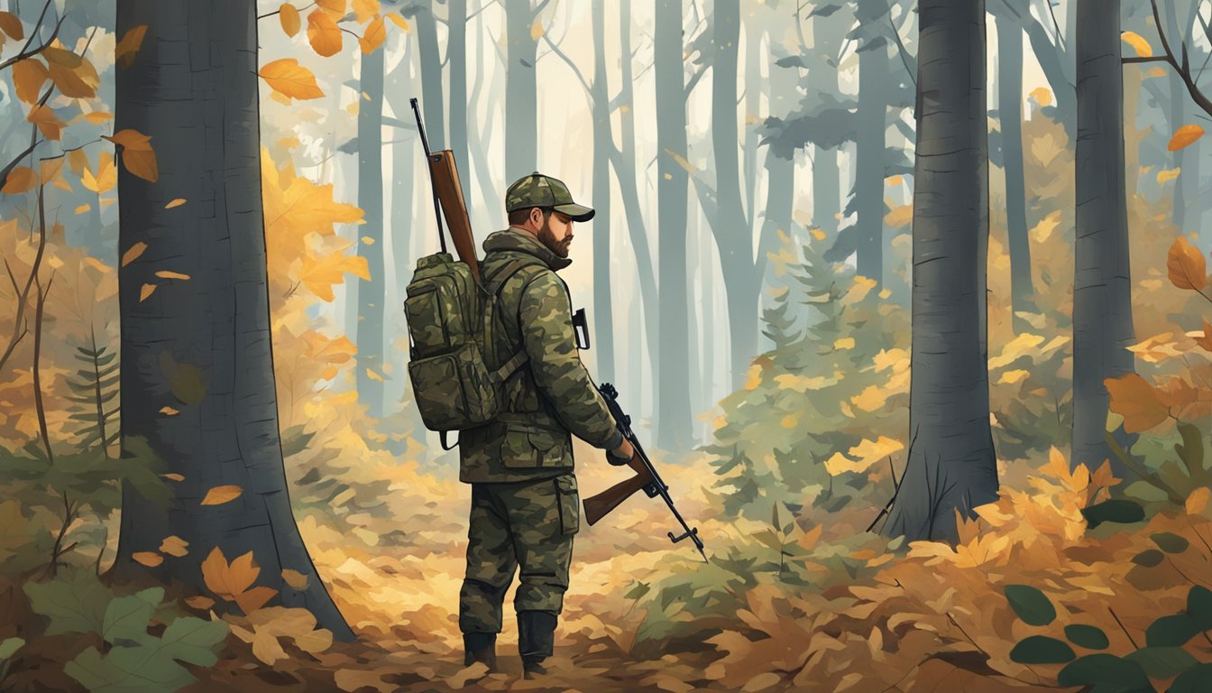 A hunter in camouflage gear stands in a forest clearing, surrounded by trees and fallen leaves, holding a rifle and scanning the area for deer