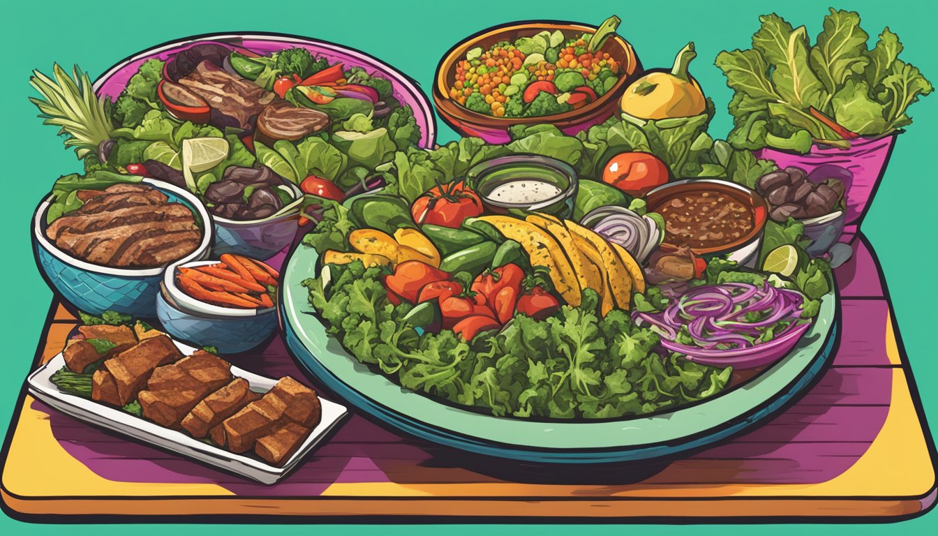 A colorful array of fresh vegetables, grilled lean meats, and vibrant salads arranged on a table, with the Tijuana Flats logo in the background