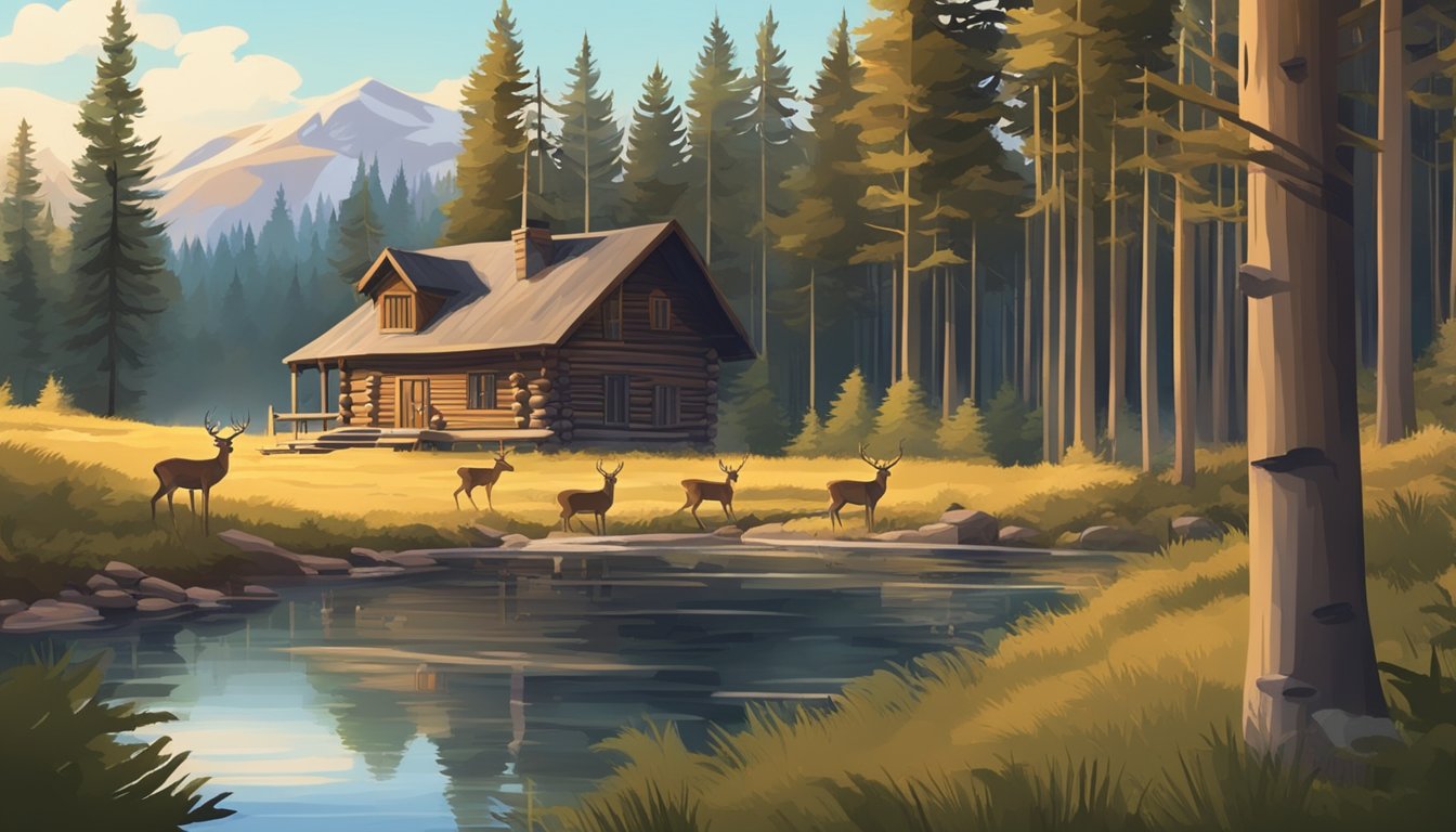 A cozy hunting lodge nestled among tall pine trees, with a nearby stream and a small dock for fishing. A group of deer graze in the clearing