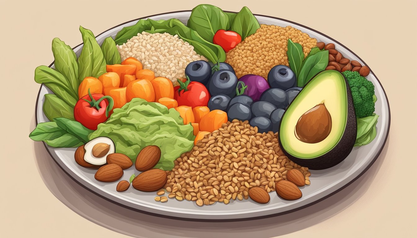 A colorful plate with a balanced mix of fresh vegetables, lean protein, and whole grains, surrounded by vibrant, healthful ingredients like avocado, quinoa, and nuts